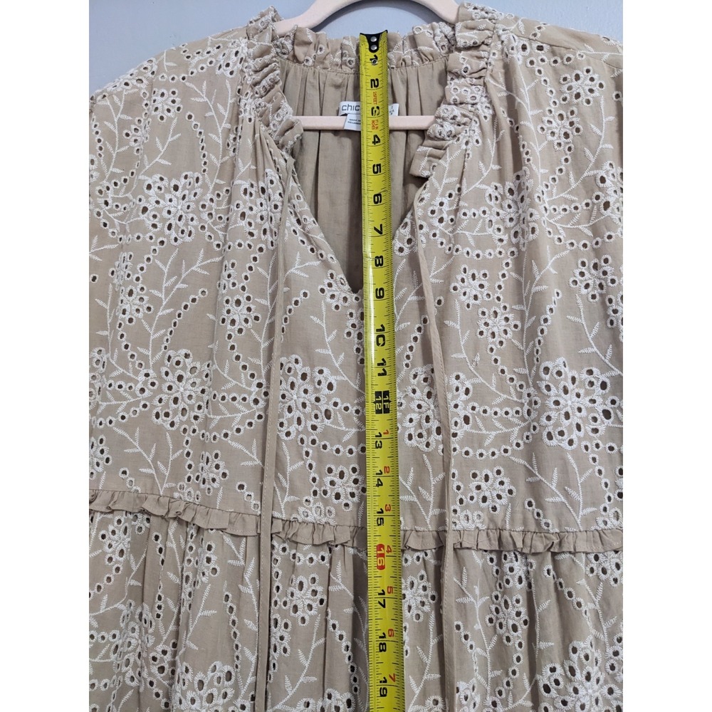 Chicos Tan Beige Cotton Eyelet Lace Tiered Midi Dress Womens Size 1 US 8 Boho - Picture 14 of 16